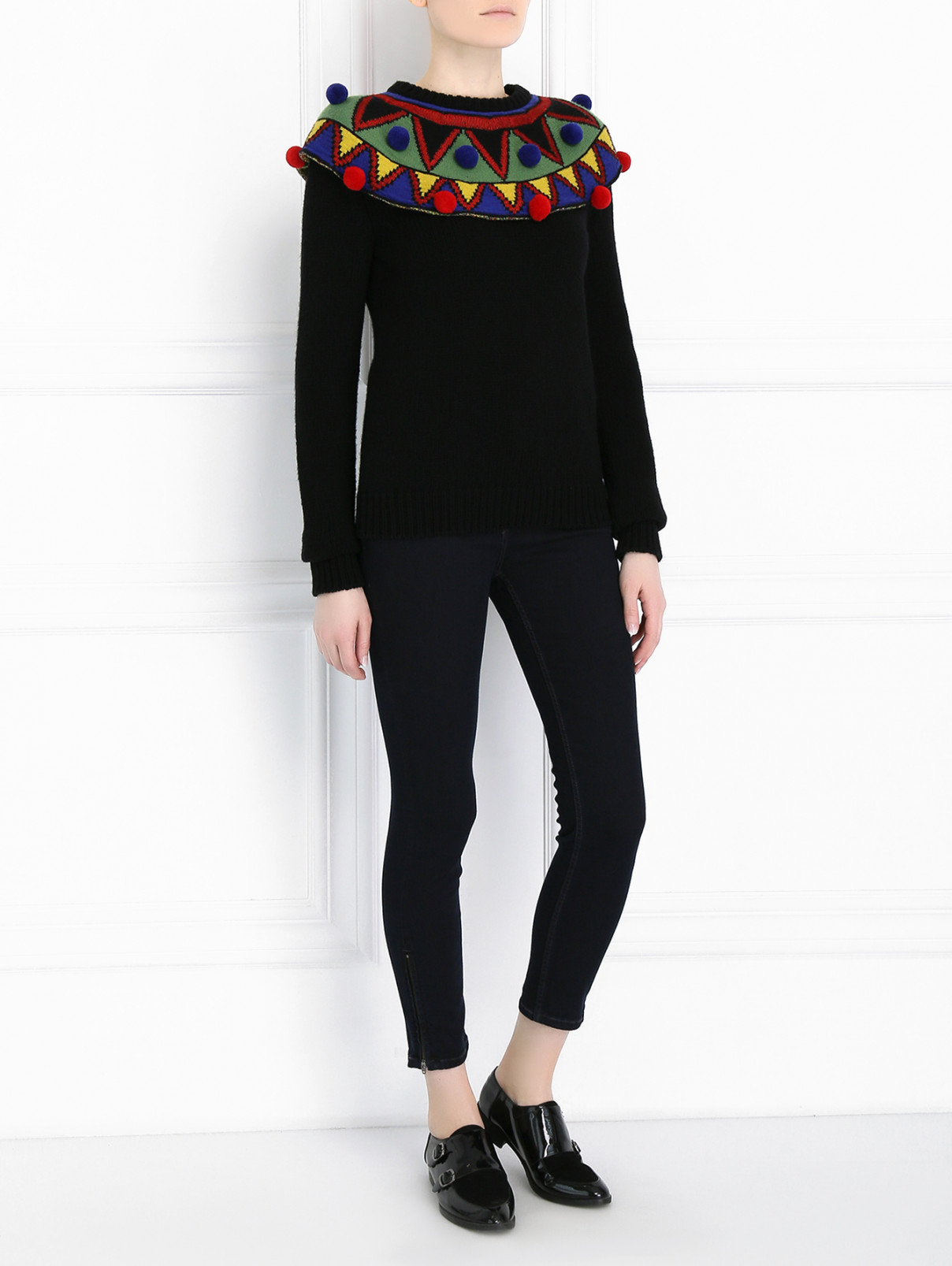 Джемпер из шерсти и кашемира с контрастным декором Stella Jean  –  Модель Общий вид  – Цвет:  Черный