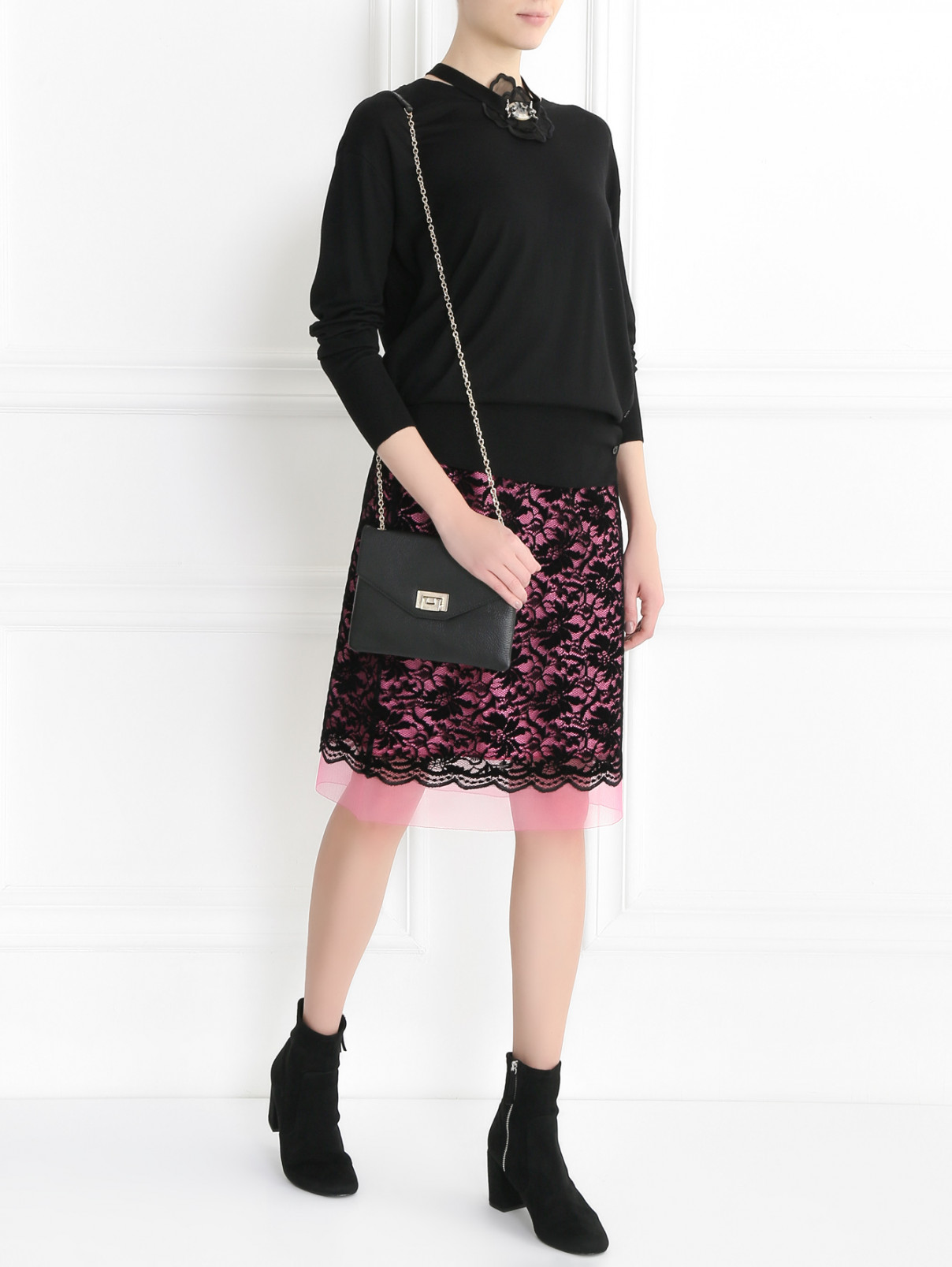 Кружевная юбка-трапеция с контрастной отделкой Marc Jacobs  –  МодельОбщийВид  – Цвет:  Черный