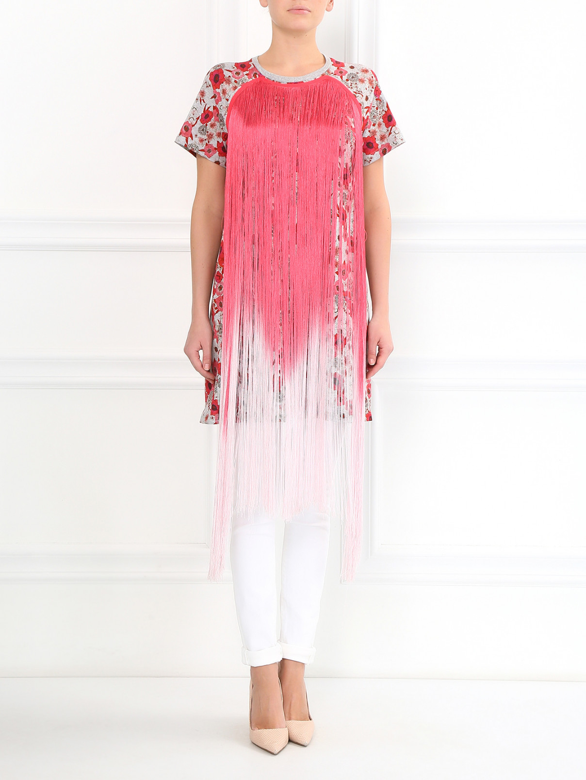 Платье с бахромой из хлопка с цветочным принтом Giamba  –  Модель Общий вид  – Цвет:  Узор