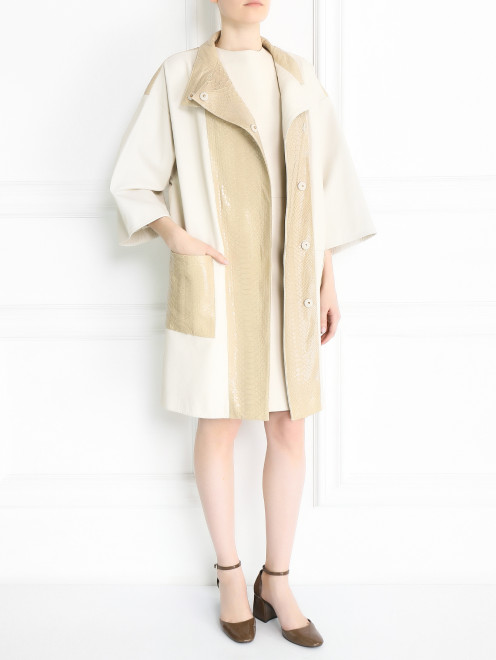 Пальто из комбинированной кожи с накладными карманами Yves Salomon - Модель Общий вид